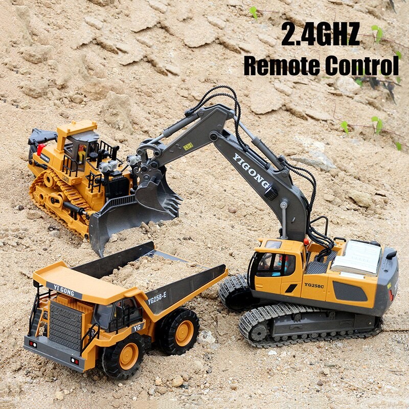 Vehículos de construcción de juguete RC: excavadoras, camiones volquete y topadoras a control remoto