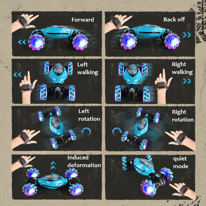 Coche de derrape RC 4x4 con música y luces LED - Coche acrobático con control por gestos