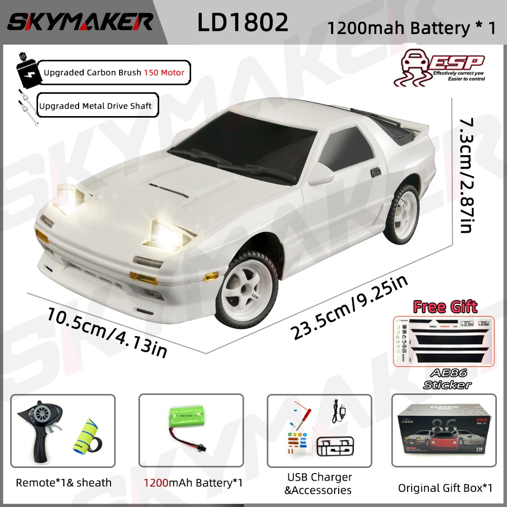 Coche de derrape RC modelo AE86 RX-7 FC 1:18 - Control remoto 2.4G con giroscopio ESP y LED