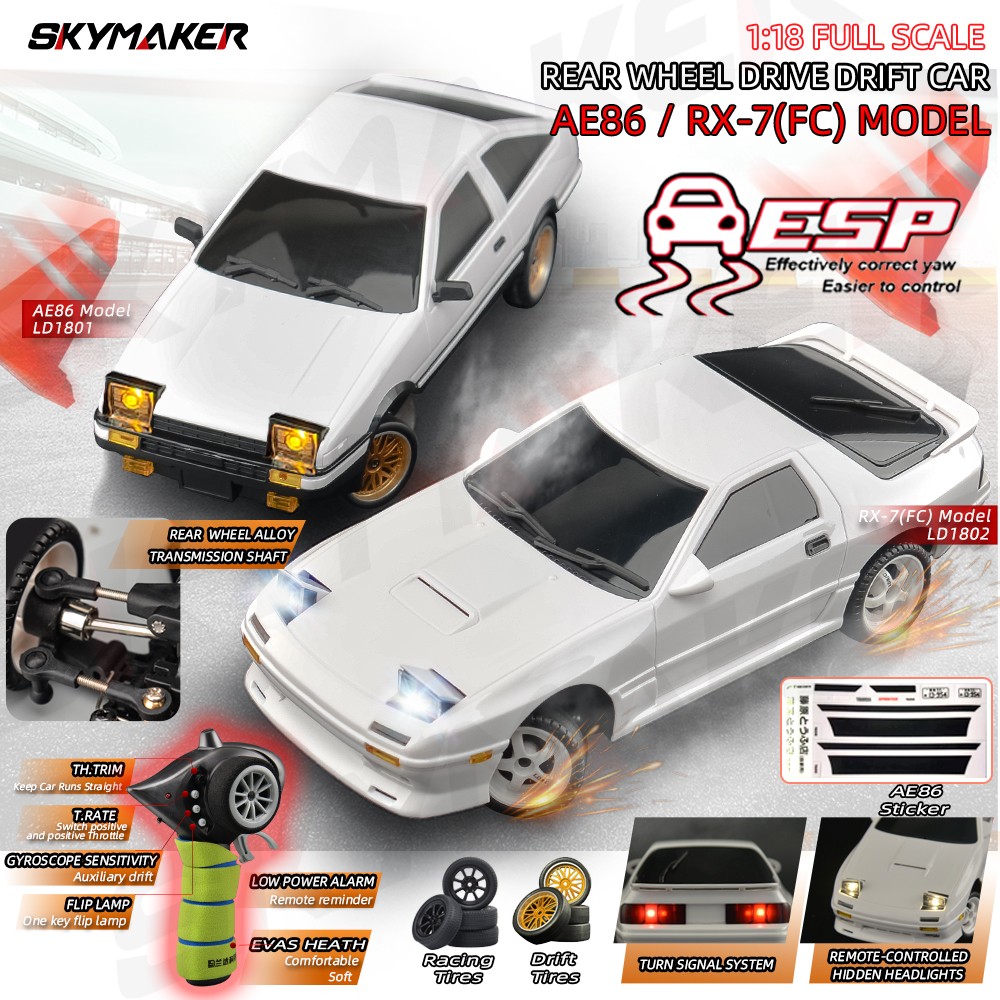 Coche de derrape RC modelo AE86 RX-7 FC 1:18 - Control remoto 2.4G con giroscopio ESP y LED