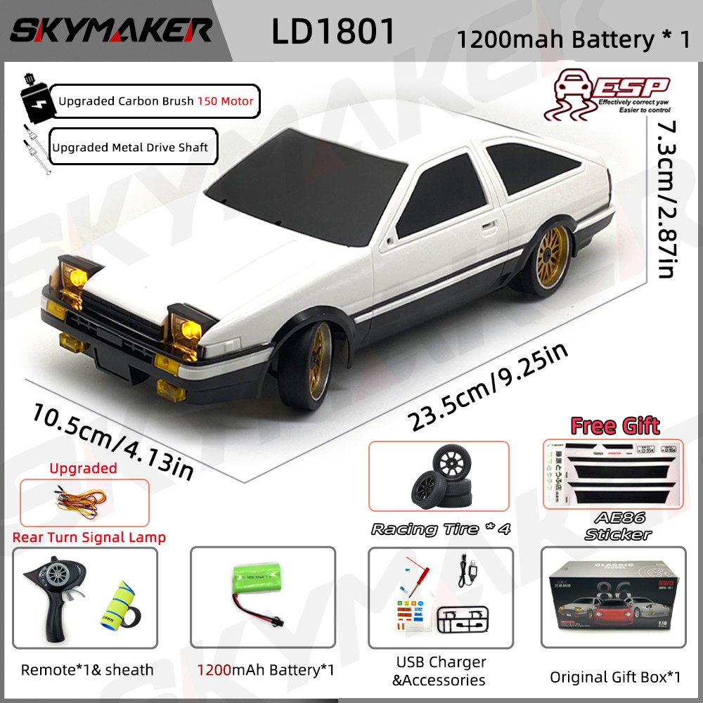 Coche de derrape RC modelo AE86 RX-7 FC 1:18 - Control remoto 2.4G con giroscopio ESP y LED