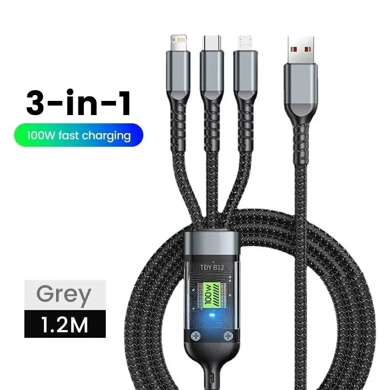 Cable de carga rápida transparente 3 en 1 de 100 W (Tipo C, USB, Micro USB)