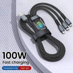 Cable de carga rápida transparente 3 en 1 de 100 W (Tipo C, USB, Micro USB)
