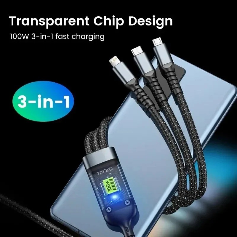 Cable de carga rápida transparente 3 en 1 de 100 W (Tipo C, USB, Micro USB)