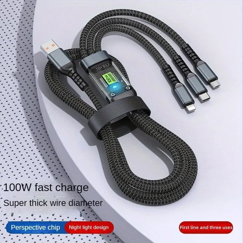 Cable de carga rápida transparente 3 en 1 de 100 W (Tipo C, USB, Micro USB)
