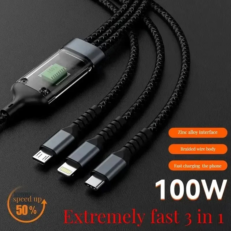 Cable de carga rápida transparente 3 en 1 de 100 W (Tipo C, USB, Micro USB)