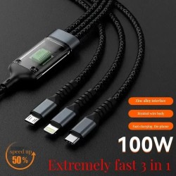Cable de carga rápida transparente 3 en 1 de 100 W (Tipo C, USB, Micro USB)