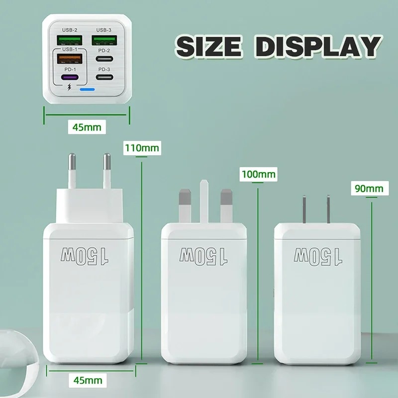 Cargador rápido de pared Xiaomi de 150 W y 6 puertos - PD QC 3.0