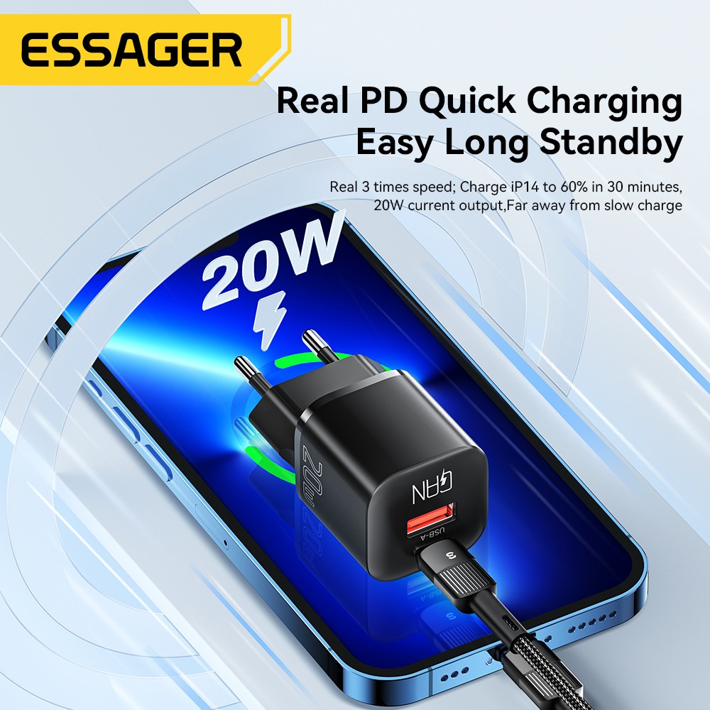 Cargador USB tipo C Essager GaN de 20 W - Carga rápida PD QC 3.0