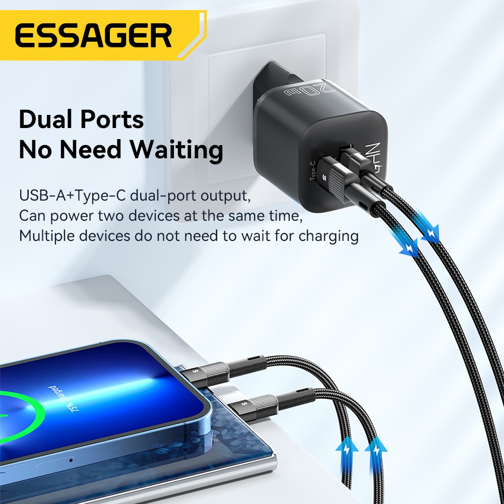 Cargador USB tipo C Essager GaN de 20 W - Carga rápida PD QC 3.0