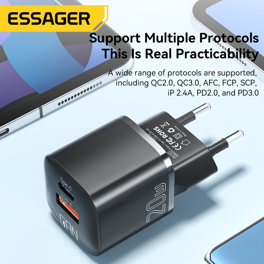 Cargador USB tipo C Essager GaN de 20 W - Carga rápida PD QC 3.0