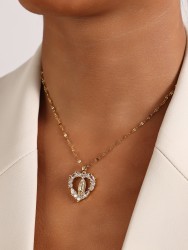 Collar con colgante de corazón hueco de la Virgen María con circonitas, cadena de clavícula para mujer