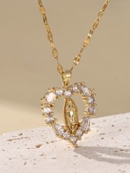Collar con colgante de corazón hueco de la Virgen María con circonitas, cadena de clavícula para mujer