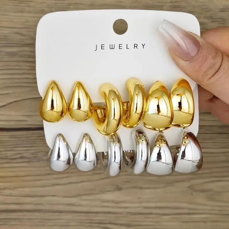 6 pendientes elegantes y sencillos de moda, diseño creativo de lágrima de plástico en forma de C.