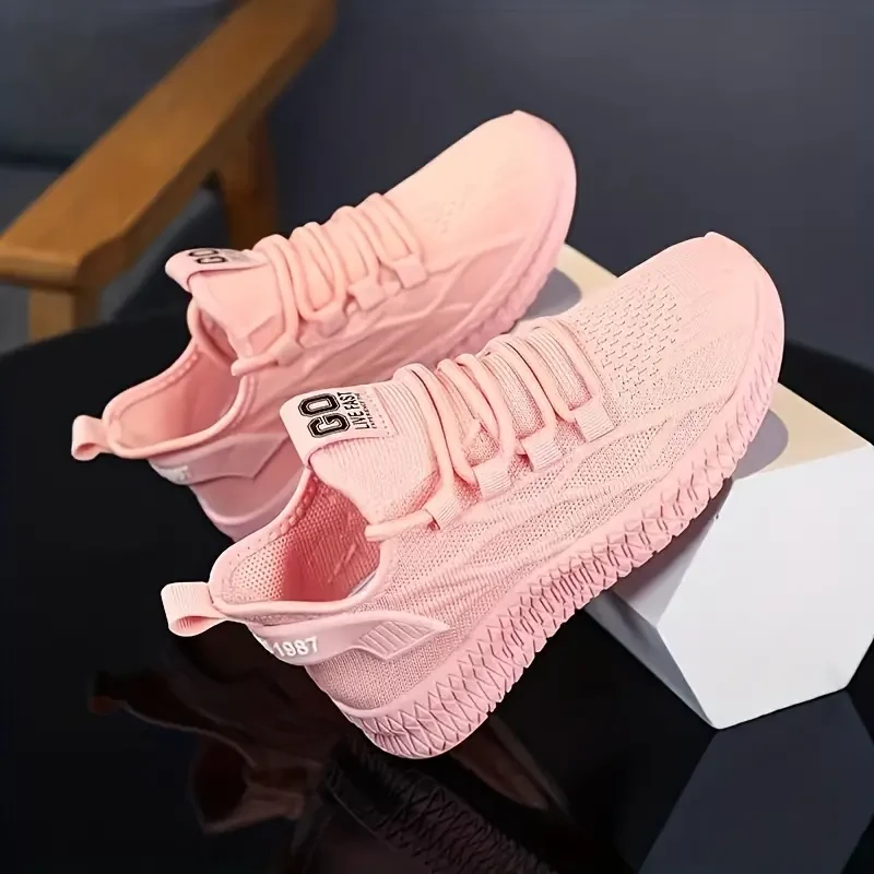 Zapatillas de running de punto tejido para niña, transpirables y modernas, cómodas, antideslizantes y con cordones, ideales para actividades al aire libre.