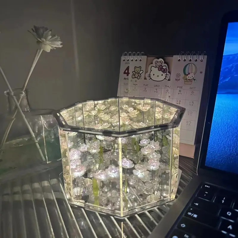 Lámpara de noche con forma de caja musical octagonal con forma de tulipán y rosa