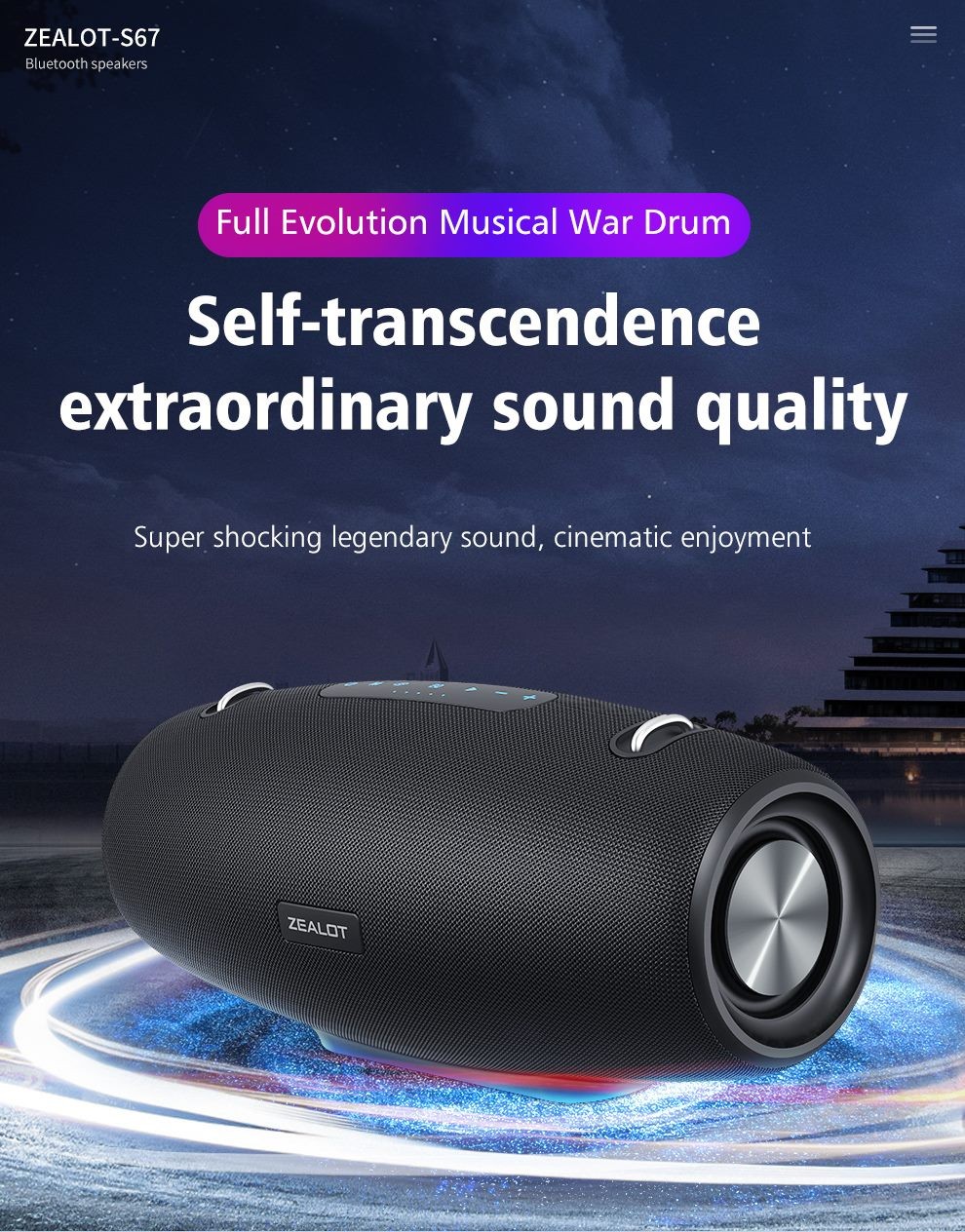 Altavoz Bluetooth Zealot S67, sonido Hi-Fi superfuerte, gran tamaño, negro