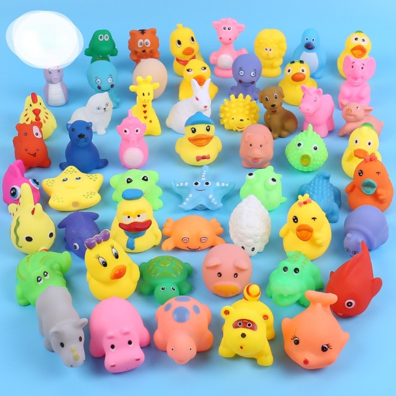 Juego de 10 juguetes acuáticos con forma de animalito - Juguetes de baño de goma suave y chirriantes