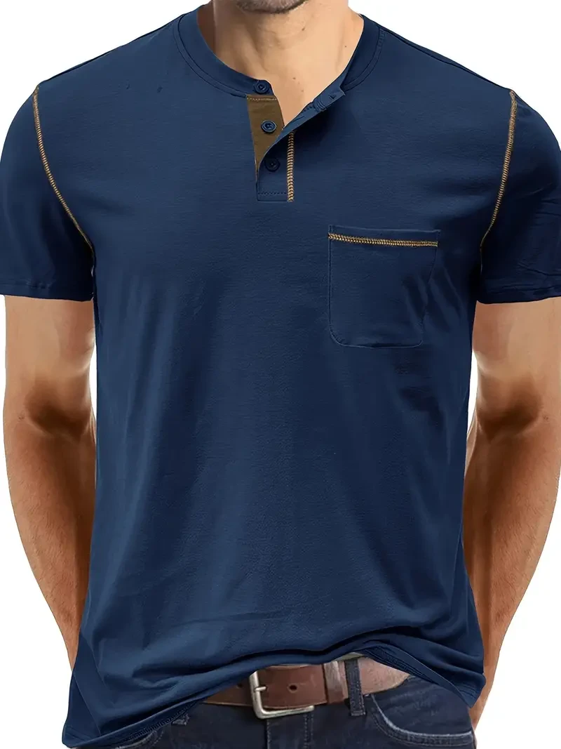 Camiseta Henley de cuello redondo retro para hombre: elegante y cómoda con bolsillo en el pecho. Secado rápido para verano, gimnasio y running. Ajuste deportivo versátil. Perfecta para uso diario.