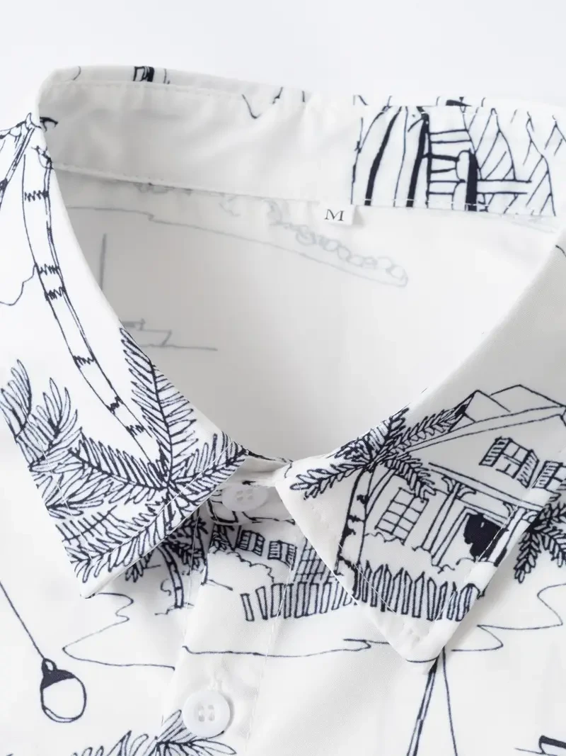 Camisa de manga corta con botones para hombre con estampado de barco y árbol de anime peculiar - Estilo vacacional tropical - Prenda de verano transpirable para un estilo casual y chic