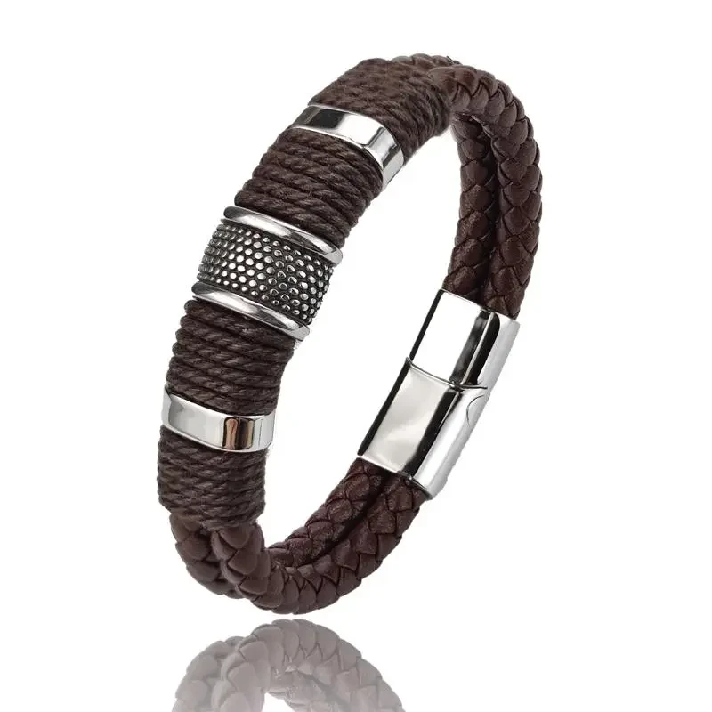 Pulsera vintage multicapa de cuero sintético marrón para hombre, pulsera de cuentas de piedra, brazalete de acero inoxidable, regalo para el Día del Padre.