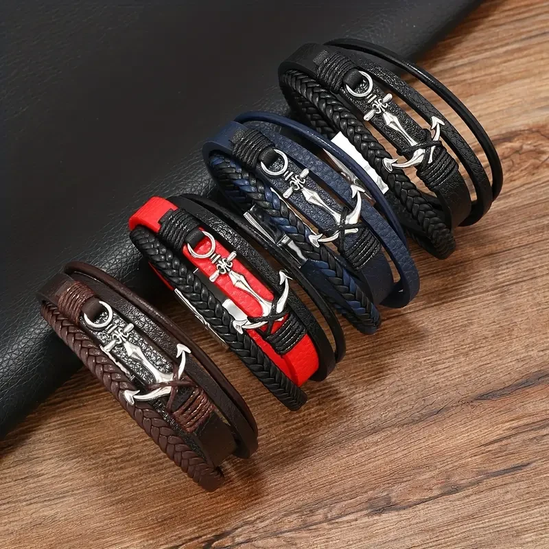 Pulsera de cuero sintético para hombre, moderna y versátil pulsera trenzada multicapa con hebilla magnética y ancla de barco.