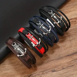 Pulsera de cuero sintético para hombre, moderna y versátil pulsera trenzada multicapa con hebilla magnética y ancla de barco.