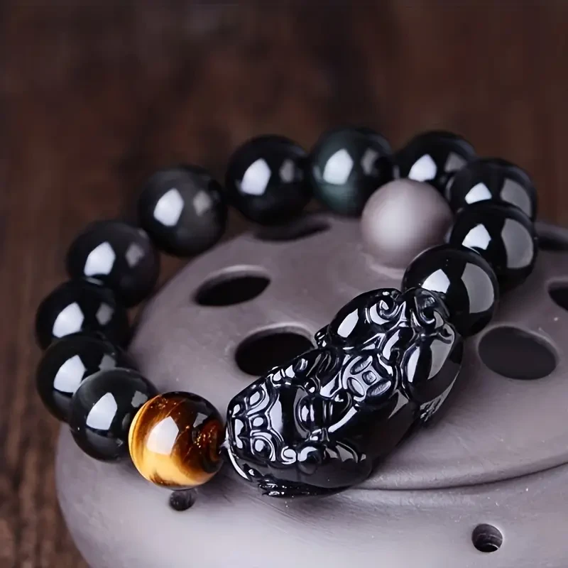 Pulsera de obsidiana negra Feng Shui para la riqueza, pulsera de obsidiana negra para hombres y mujeres, pulsera elástica de obsidiana con piedra de ojo de tigre Pixiu para atraer riqueza, dinero y buena suerte.