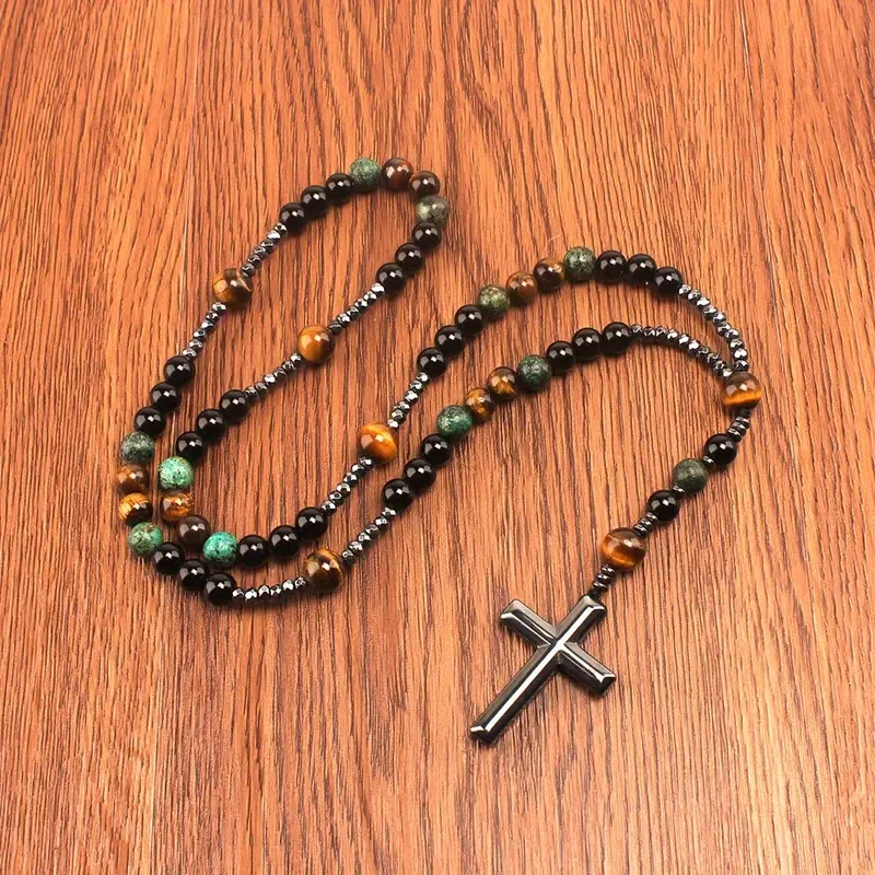 Colgante de cruz de hematita negra con ojo de tigre y turquesa natural retro, collar de rosario con cuentas de oración de piedra original para hombre
