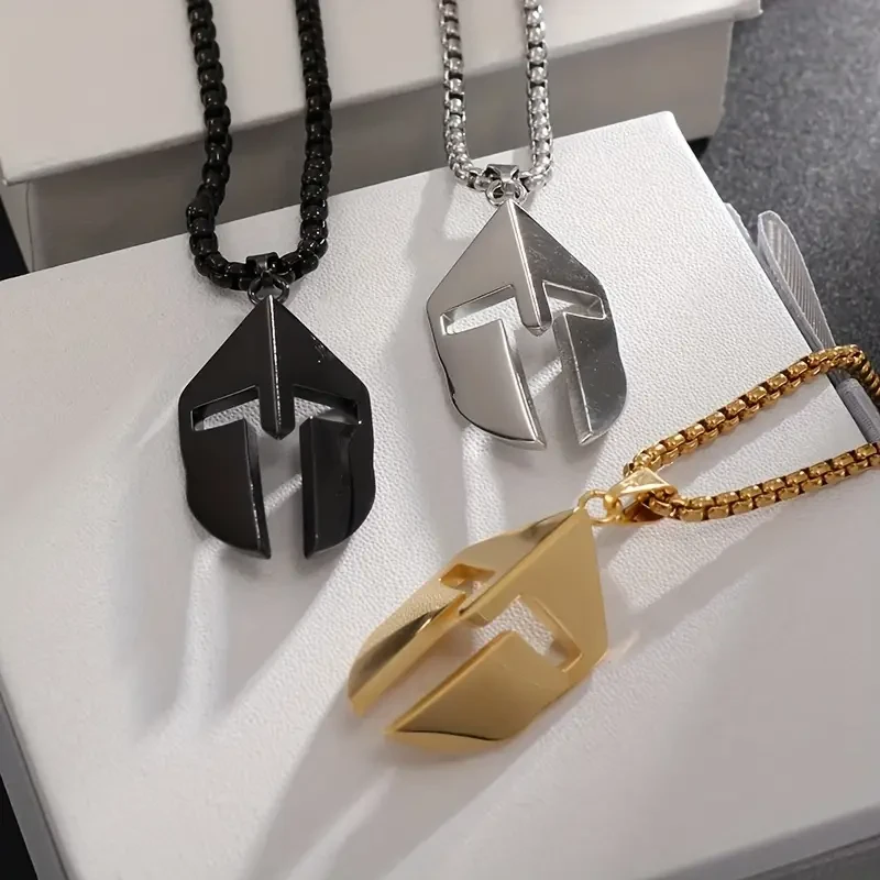 Collar con colgante de casco espartano de hip hop para hombres y mujeres, joyería griega de acero inoxidable para rapero.