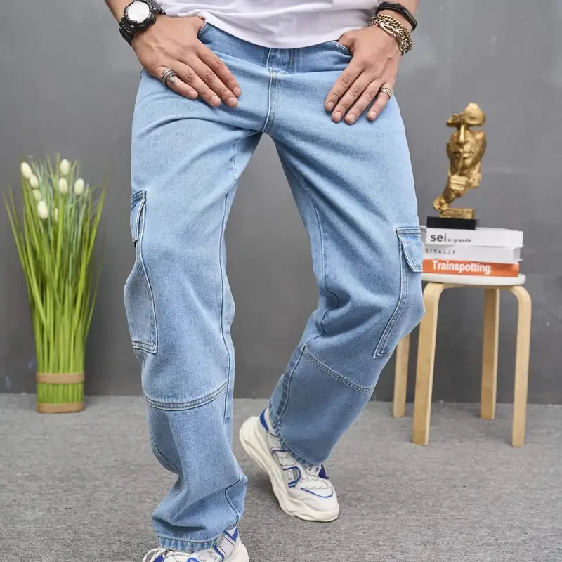 Pantalones vaqueros cargo casuales con múltiples bolsillos para hombre, holgados, de pierna ancha, estilo básico.