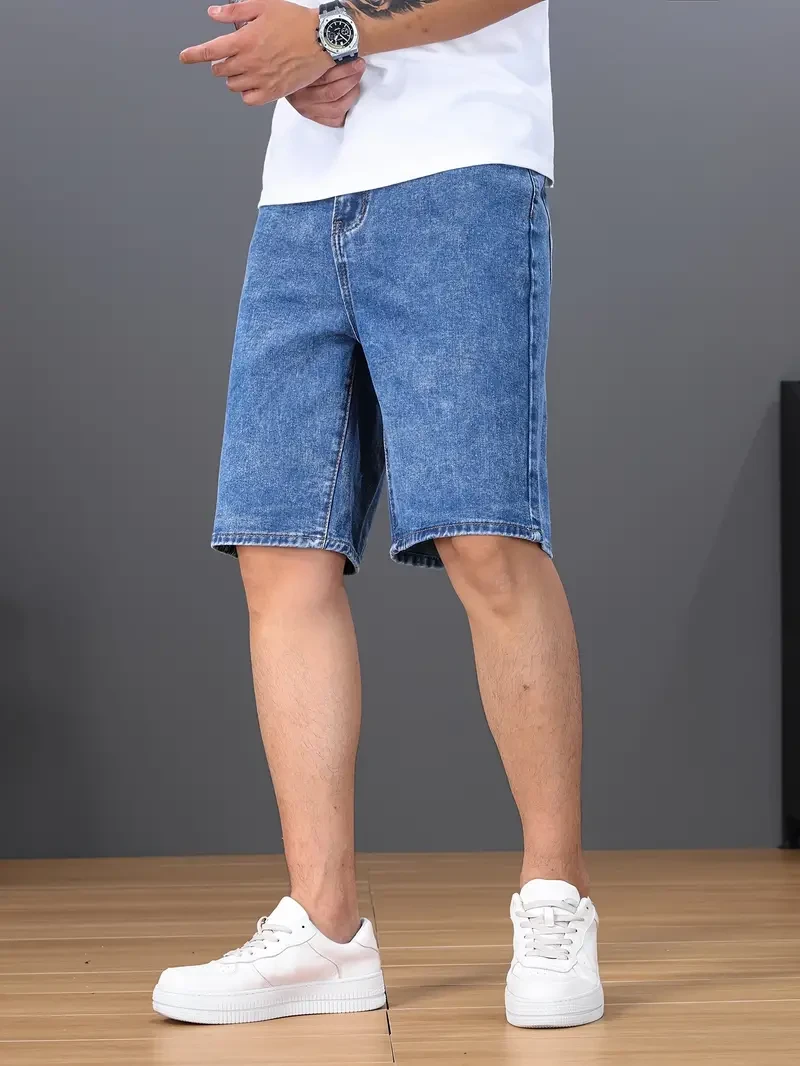 Shorts de mezclilla para hombre, de color liso, para verano, con estilo y detalles de estilo informal. Shorts de mezclilla para hombre, de color liso, para verano, con estilo y detalles de estilo informal.