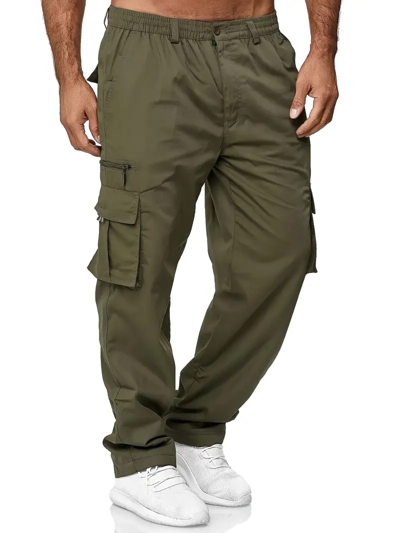 Pantalones cargo holgados de mezcla de algodón para hombre: multibolsillos, sin elasticidad, largo regular, color liso, estilo casual, perfectos para primavera y otoño, senderismo al aire libre y uso diario.