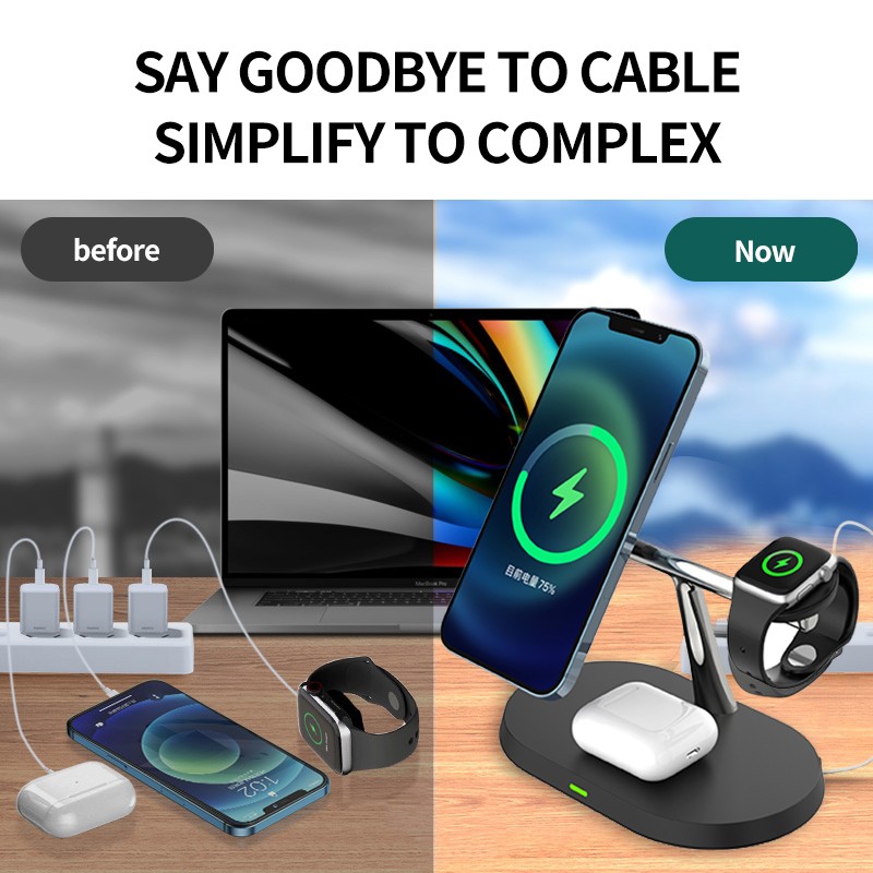 Cargador inalámbrico magnético 3 en 1: estación de carga rápida para iPhone, Apple Watch y AirPods