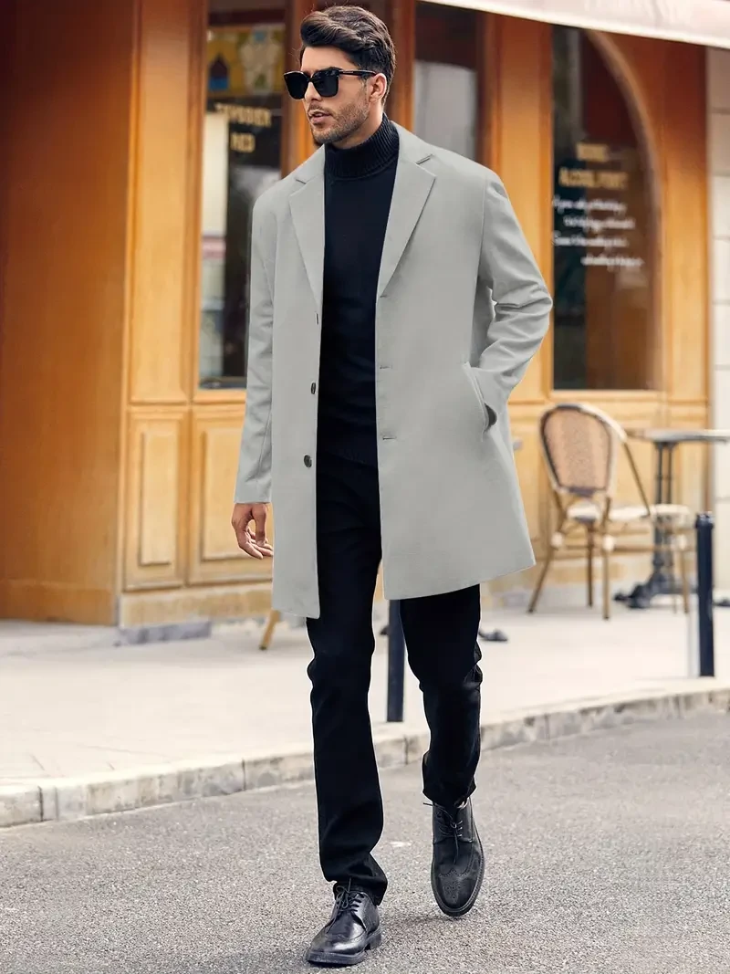 Gabardina retro para hombre, abrigo semiformal cálido de un solo pecho para negocios en otoño e invierno.