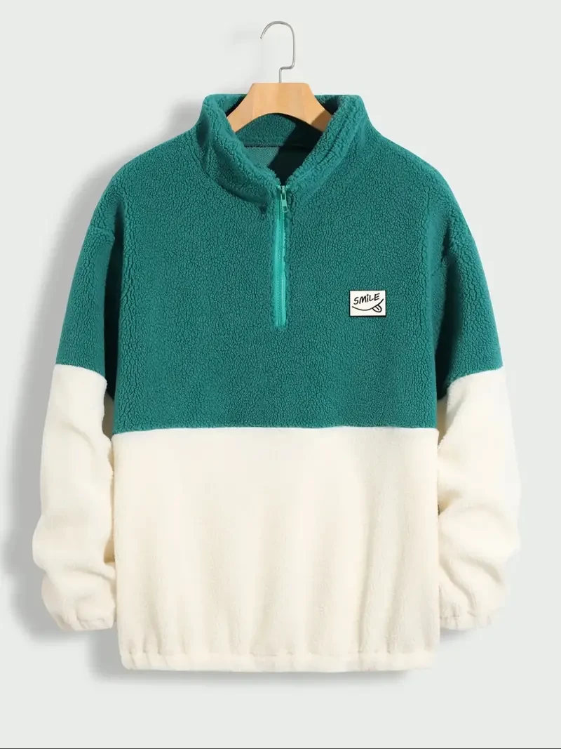 Sudadera polar cálida para hombre: jersey informal con cremallera de 1/4 y diseño de bloques de color, suave, elegante y versátil para uso diario.