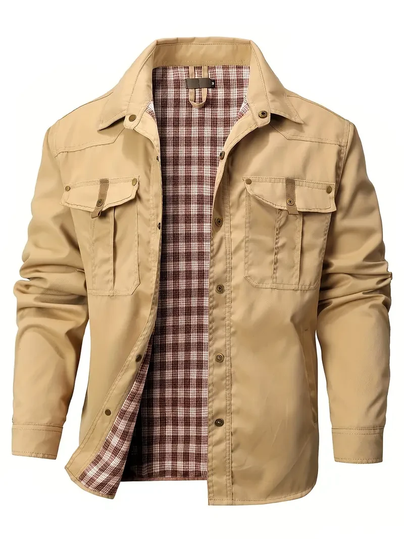 Camisa cargo multibolsillos para hombre: color liso, solapa informal, botones al frente, manga larga, ideal para actividades al aire libre y ocasiones informales.