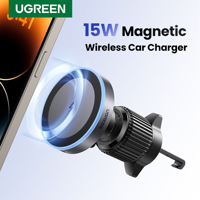 Soporte magnético para teléfono de coche UGREEN con cargador inalámbrico para iPhone 15, 14 y 13 Pro Max