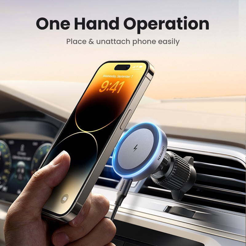 Soporte magnético para teléfono de coche UGREEN con cargador inalámbrico para iPhone 15, 14 y 13 Pro Max