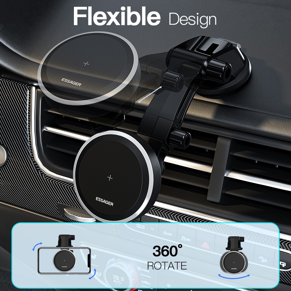 Soporte magnético para teléfono de coche Essager RGB con cargador inalámbrico Qi de 15 W - Soporte universal para iPhone 15, 14, 13 Pro Max y Samsung