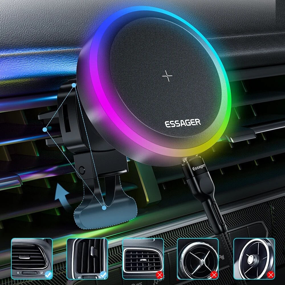Soporte magnético para teléfono de coche Essager RGB con cargador inalámbrico Qi de 15 W - Soporte universal para teléfono