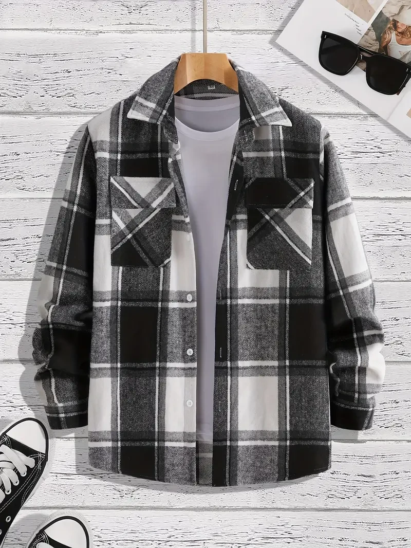 Camisa casual a cuadros premium para hombre: cuello vuelto, manga larga, estilo clásico, cómoda y resistente para el día a día.