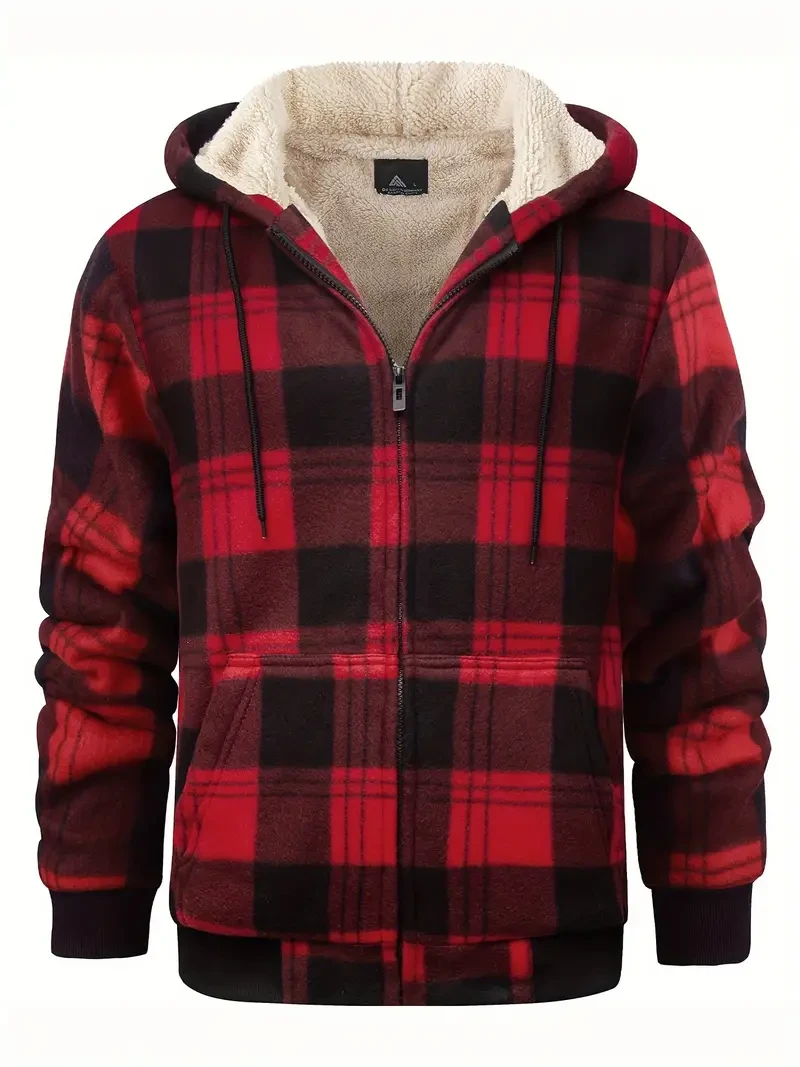 Chaqueta polar con capucha y cremallera de manga larga para hombre, con estampado a cuadros y diseño clásico, informal y moderna, ideal para uso diario en otoño e invierno.