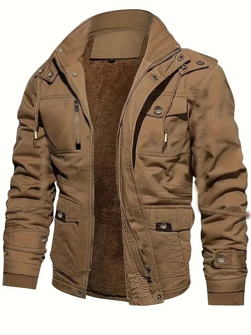 Chaqueta cargo informal y cálida con forro polar para hombre, elegante chaqueta multibolsillos para otoño e invierno.