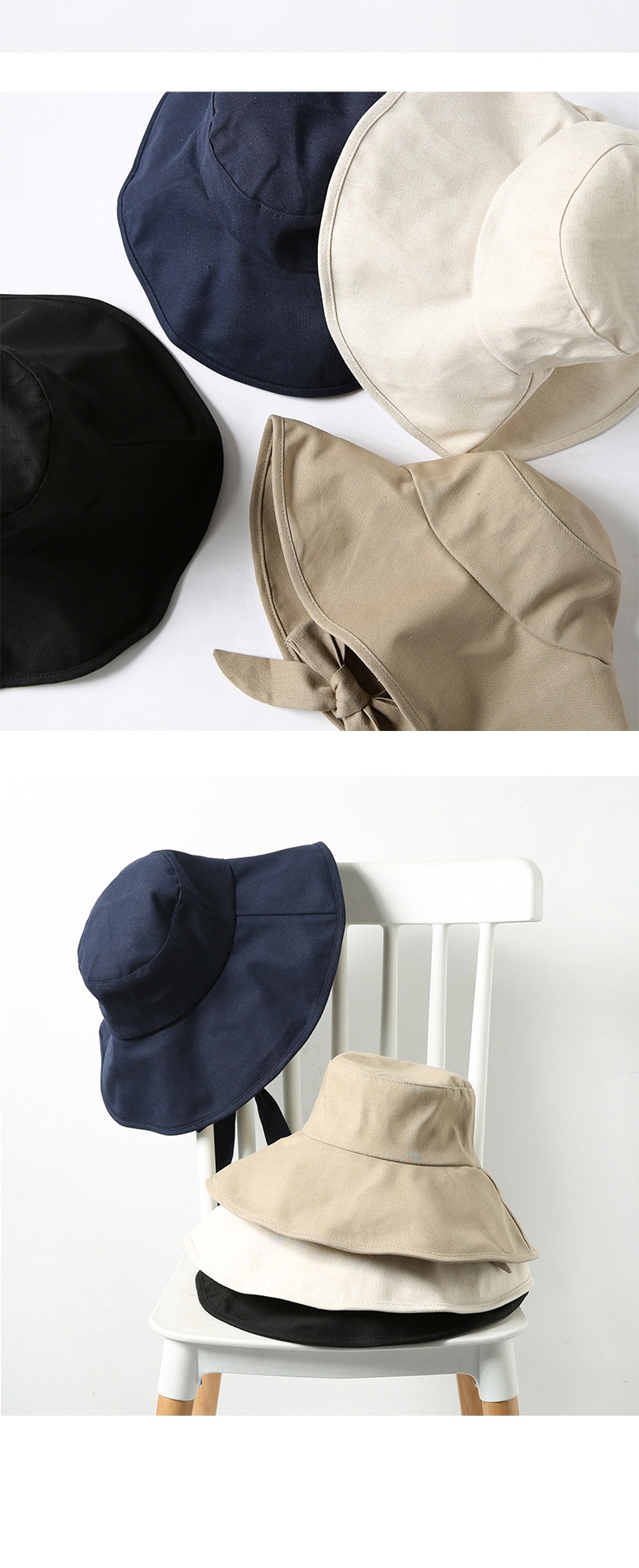 Sombrero plegable de ala grande con cordones de color sólido