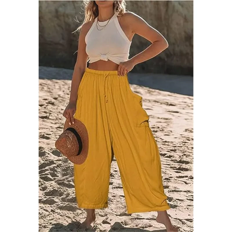 Pantalones anchos de moda de verano, sueltos, elásticos, de cintura alta.