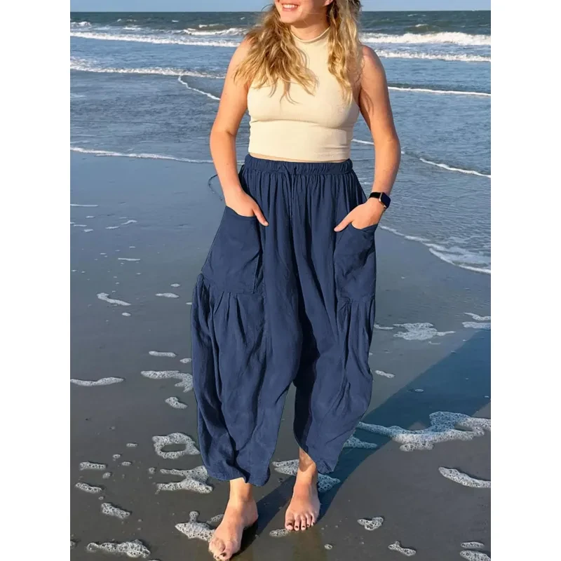 Pantalones anchos de moda de verano, sueltos, elásticos, de cintura alta.