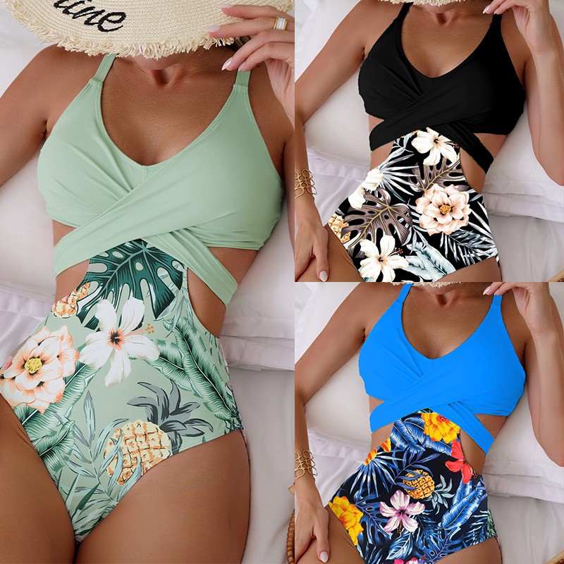 Bikini de una pieza con lazo y estampado calado