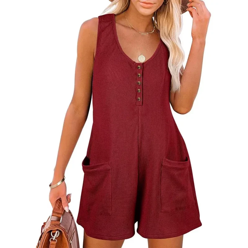 Mono informal con botones de gofre y bolsillos, ropa de verano de moda para mujer