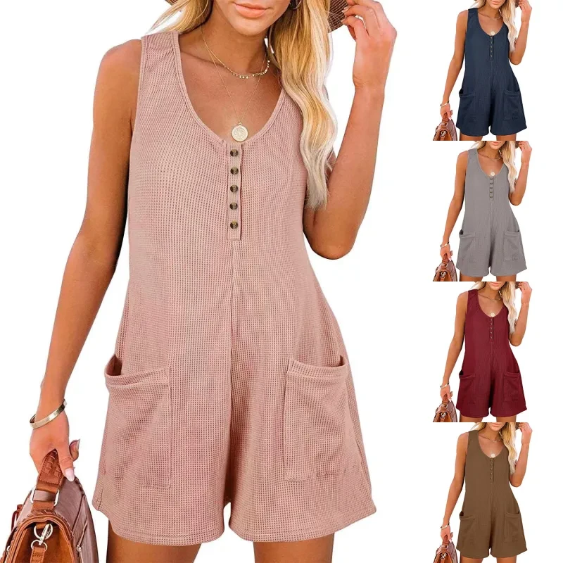 Mono informal con botones de gofre y bolsillos, ropa de verano de moda para mujer